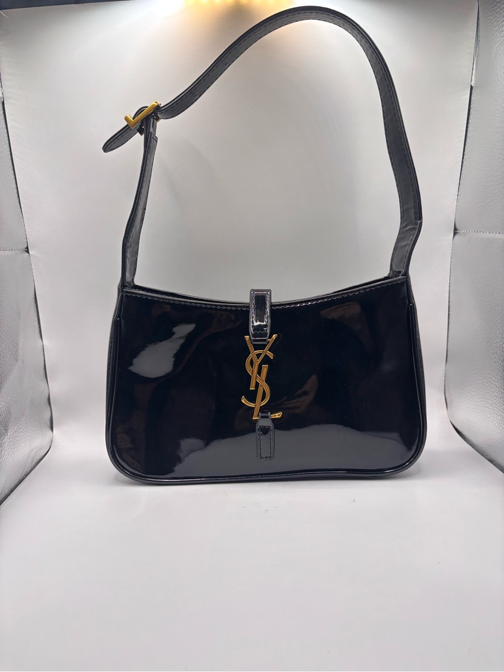 Saint Laurent Black Patent Shoulder Bag with Gold YSL Accent